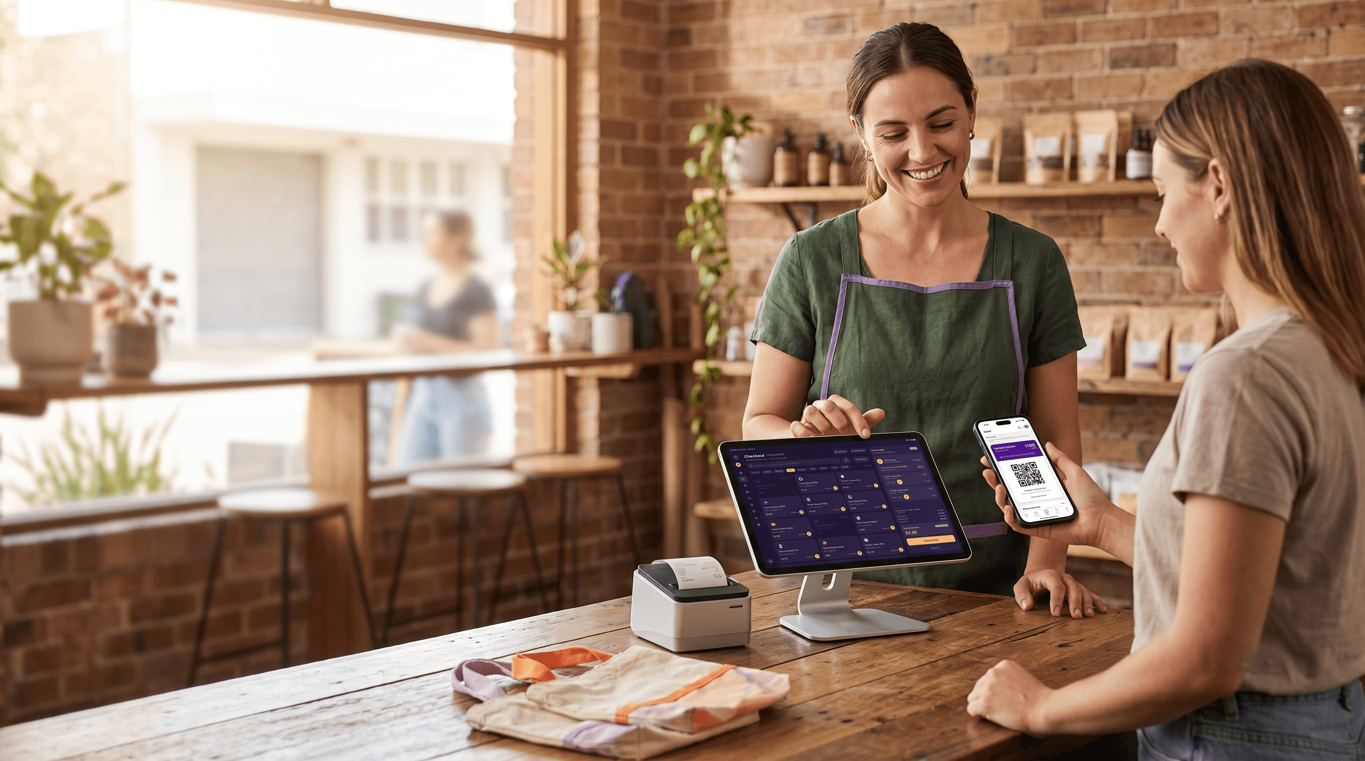 Customer scanning a Reward's Mate QR code at a local retailer using the Shopper's Mate POS