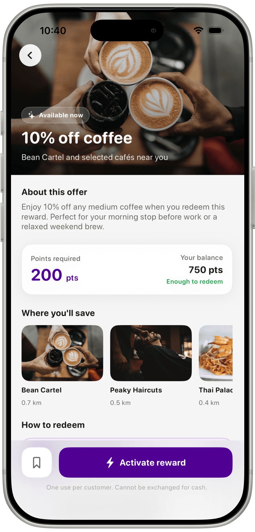 RewardsMate customer app offer screen showing points required, current balance, participating stores and reward conditions