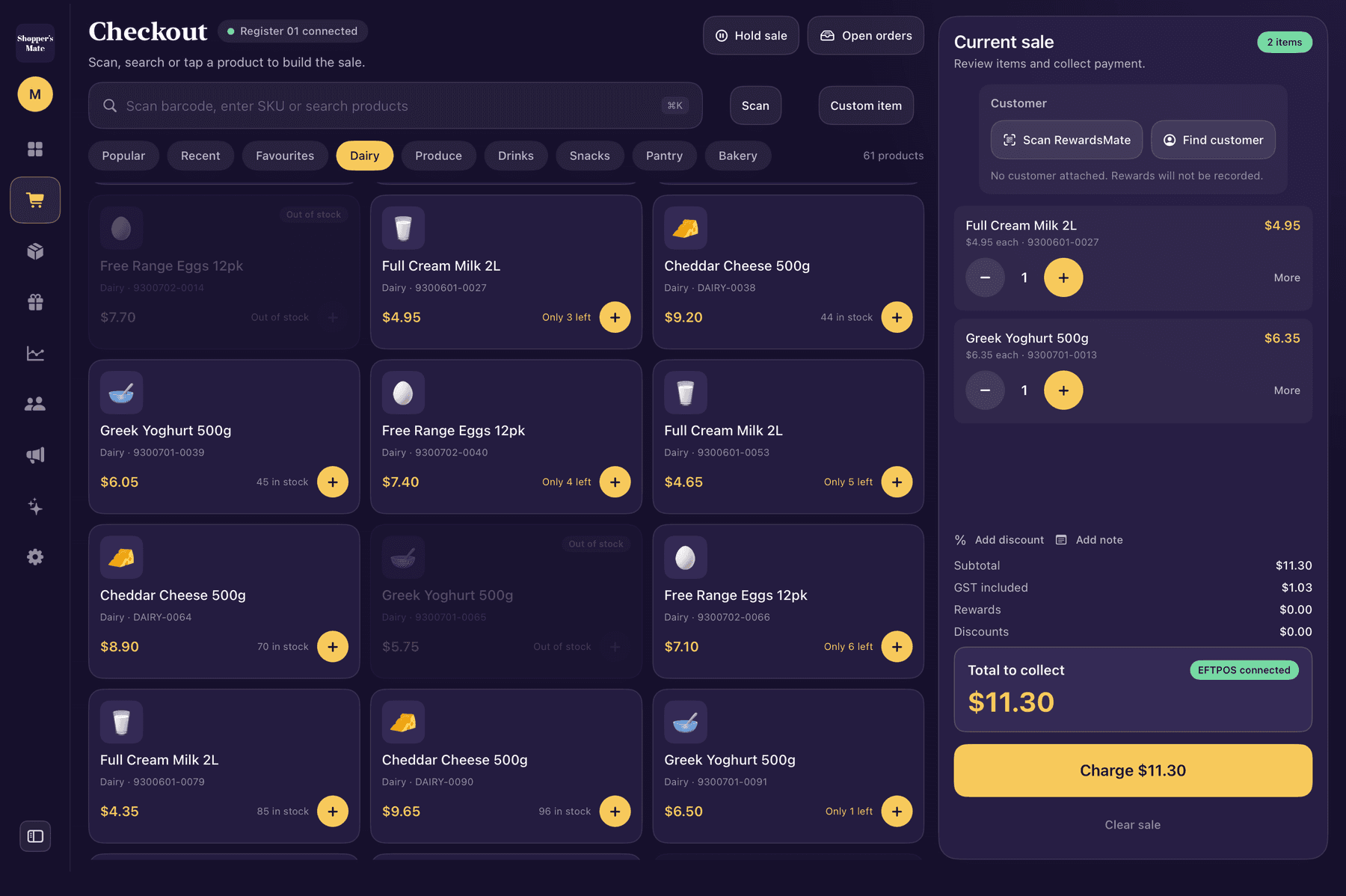 Shopper's Mate checkout screen with product catalogue and category tabs