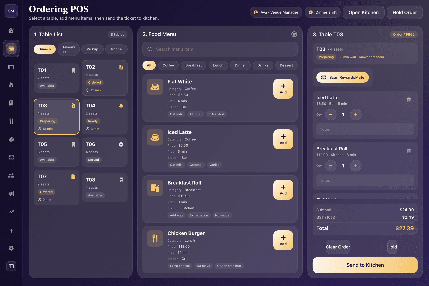 Shopper's Mate ordering POS with table list, food menu, and table order