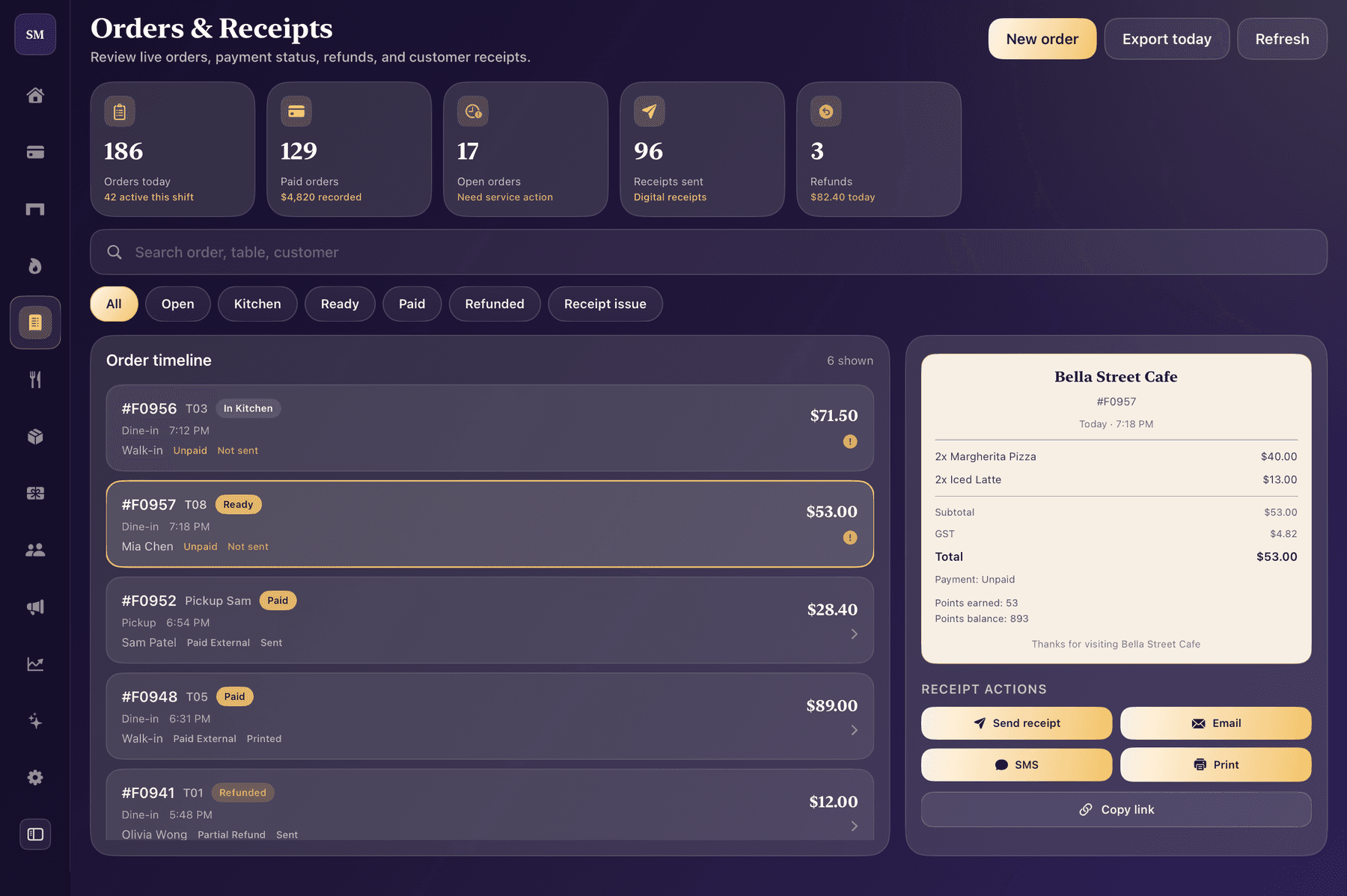 Shopper's Mate orders and receipts with an order timeline and receipt detail