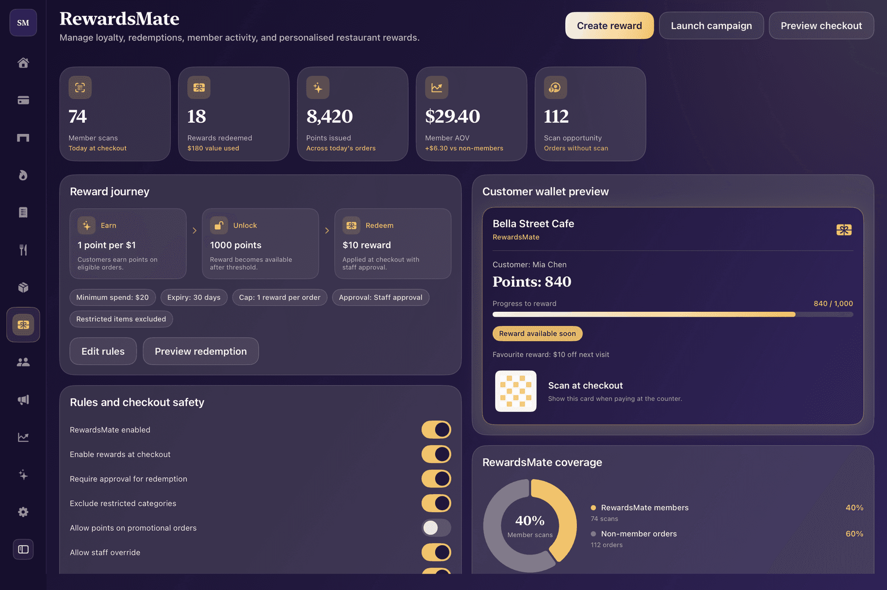 Shopper's Mate Reward's Mate manager with earn and redeem rules and customer wallet preview