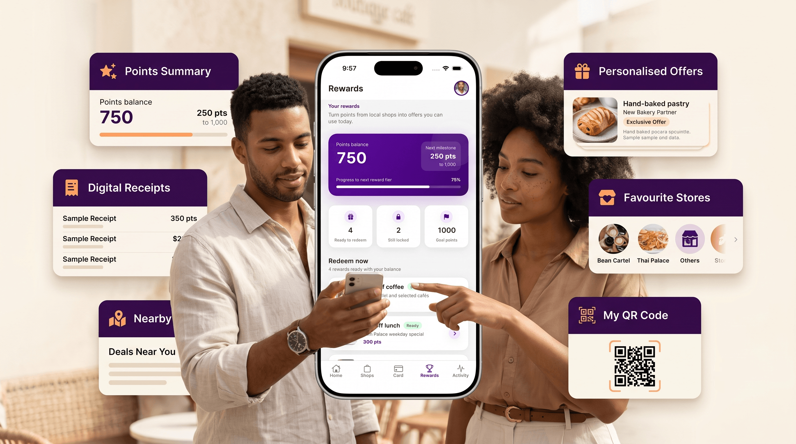 Reward's Mate customer experience showing points, digital receipts, favourite stores, nearby rewards and a customer QR code.