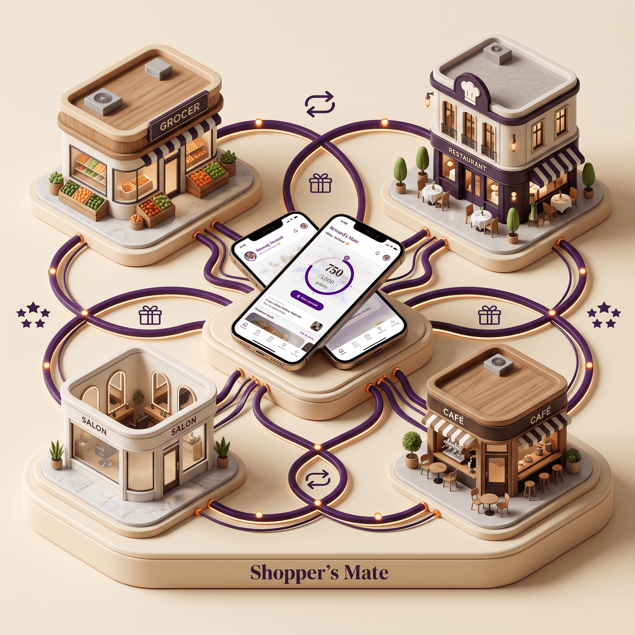 Shared Reward's Mate network connecting a grocer, restaurant, salon and café through one universal customer rewards balance.