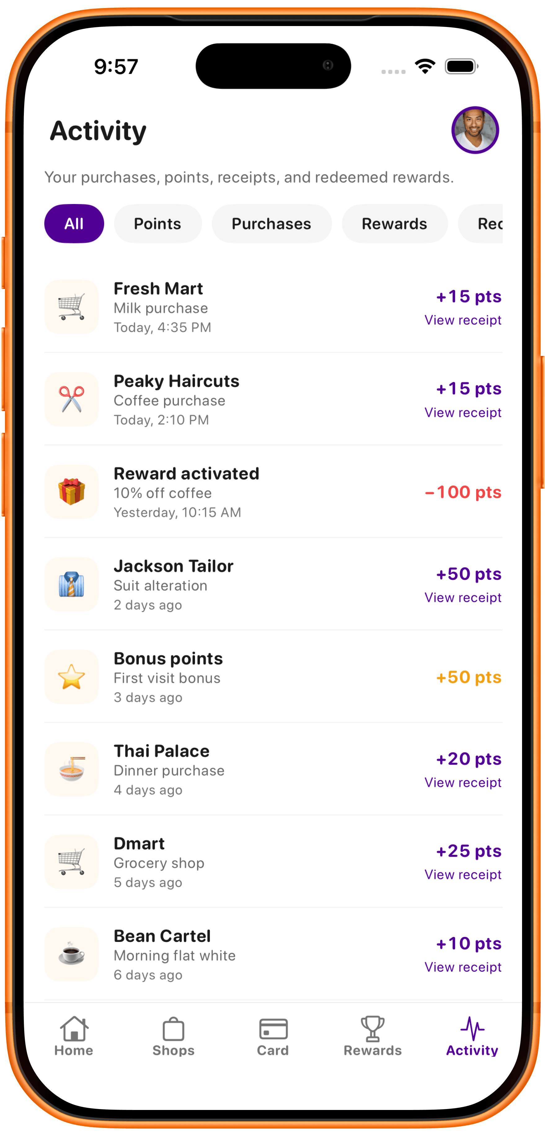 Reward's Mate activity view showing points earned, rewards used and digital receipts
