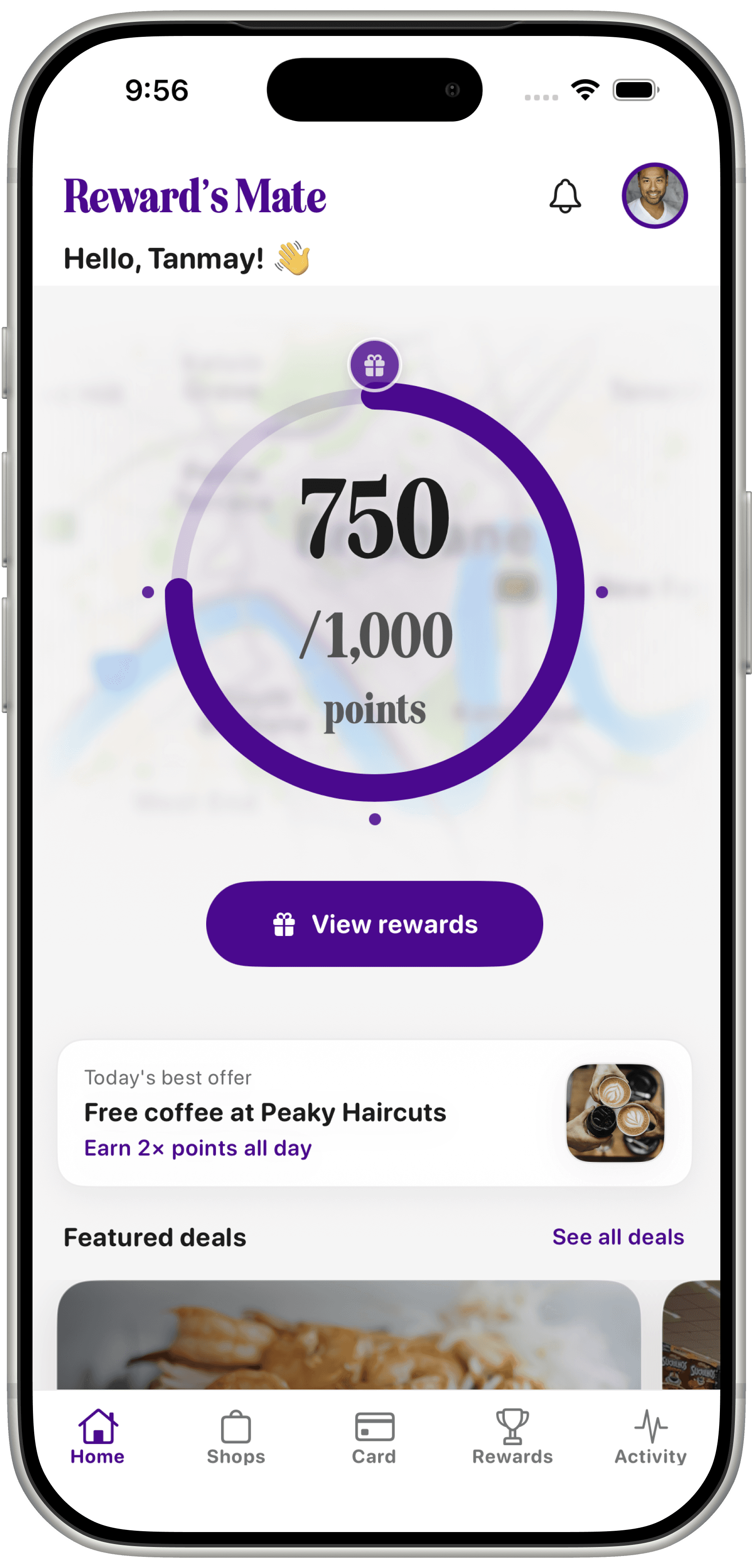 Reward's Mate home screen showing shared network points balance and local offers