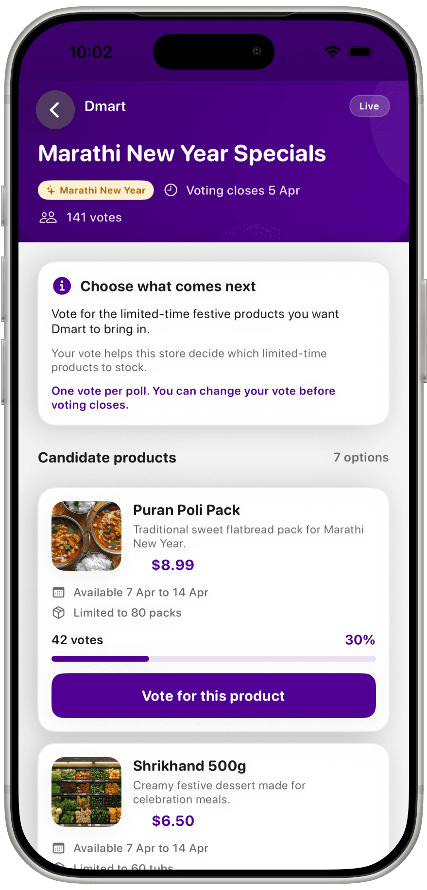 Reward's Mate prototype showing a seasonal product poll with live vote counts