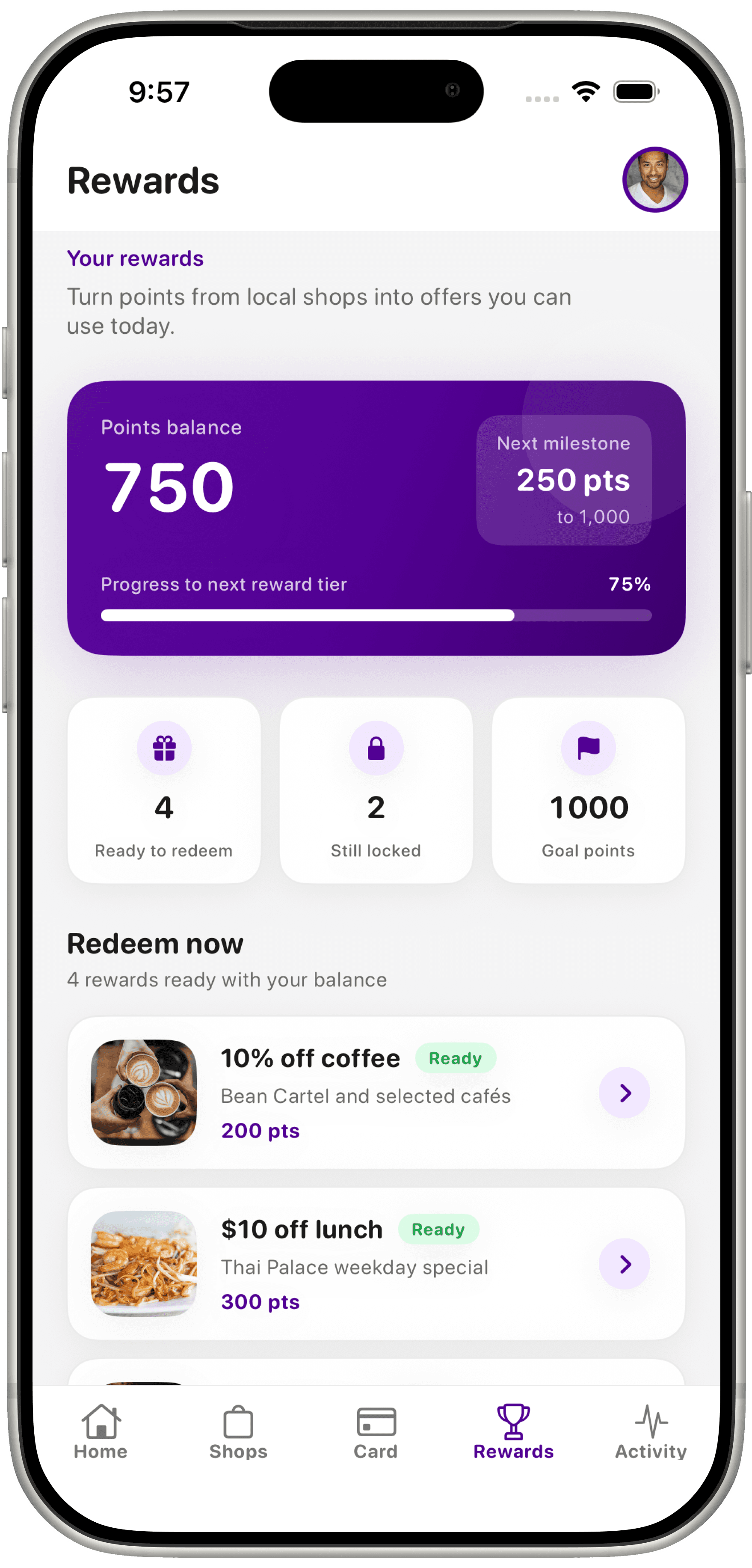 Reward's Mate rewards screen showing eligible rewards usable at participating stores