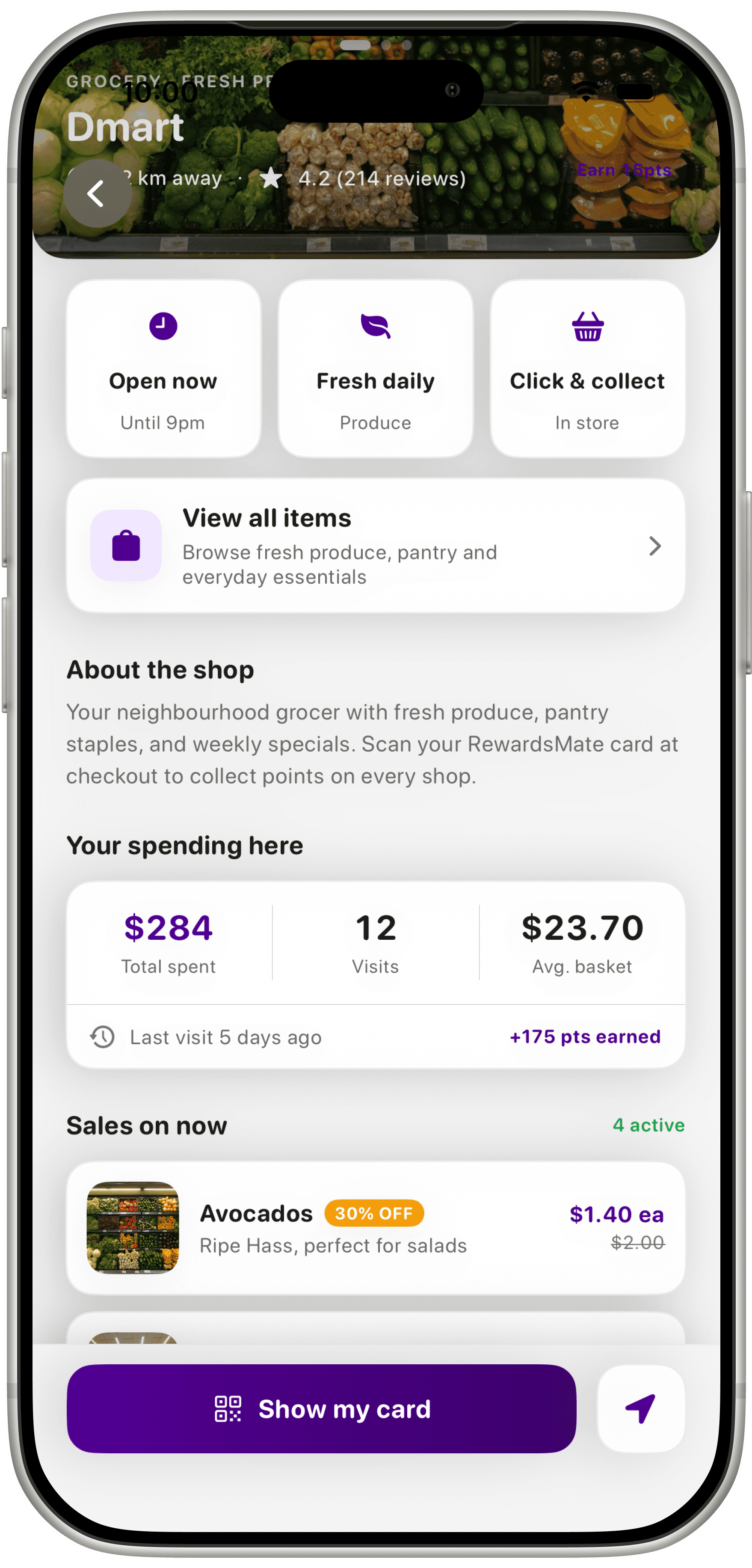 Reward's Mate prototype showing a grocery store profile with current sale products