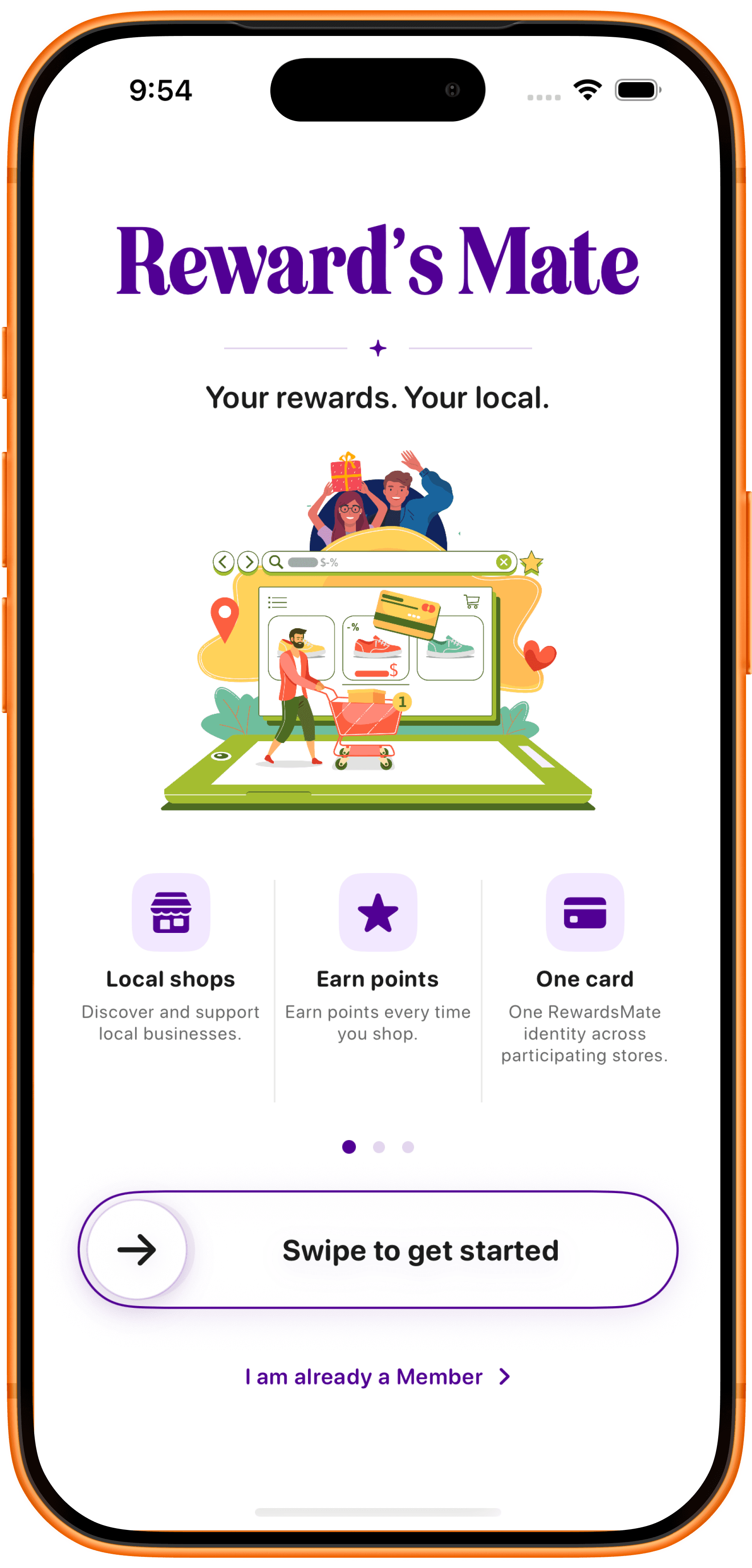 Reward's Mate welcome screen highlighting local shops, points and one card